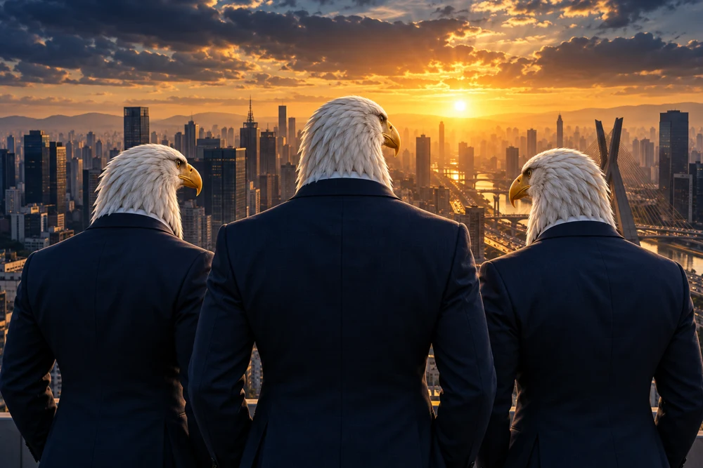 Três águias em trajes executivos contemplam a cidade ao amanhecer, representando os fundadores.